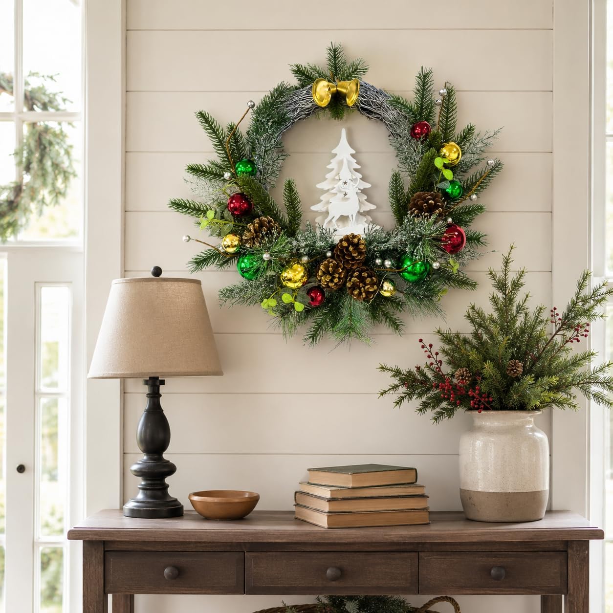 Pre-Lit Flocked Christmas Wreath with Reindeer 20 LEDs and Timer, additional listing view 7
