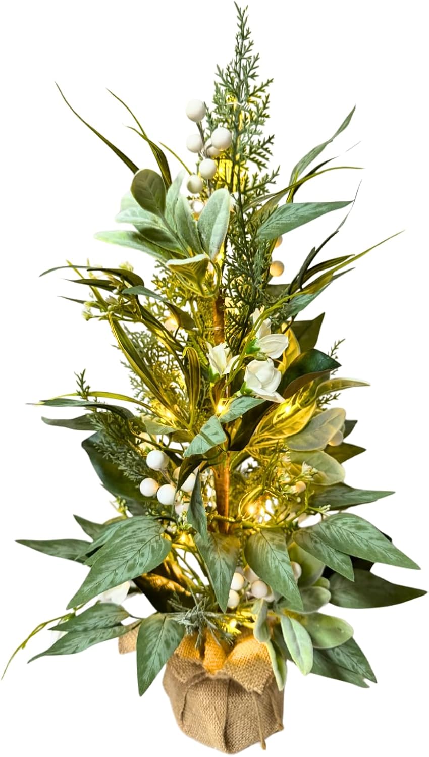 Pre-Lit Lambs Ear Tabletop Tree with White Flowers and Timer Decor, additional listing view 2