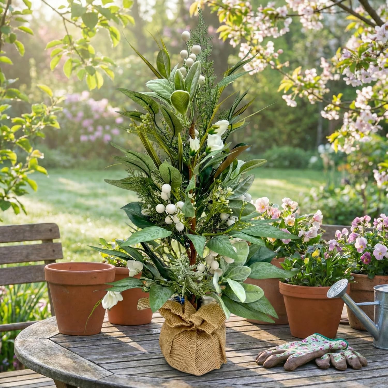 Pre-Lit Lambs Ear Tabletop Tree with White Flowers and Timer Decor, additional listing view 5