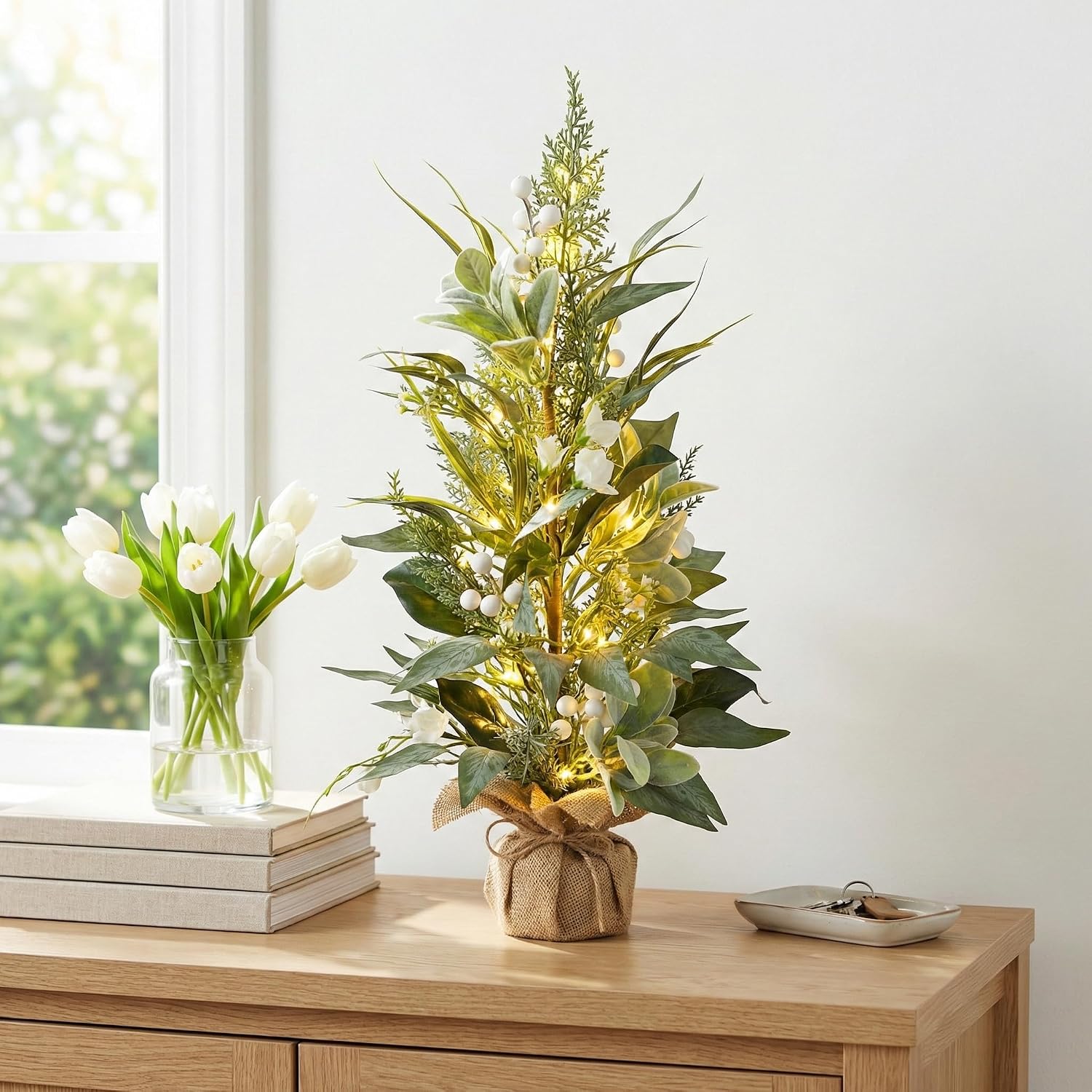 Pre-Lit Lambs Ear Tabletop Tree with White Flowers and Timer Decor, additional listing view 6