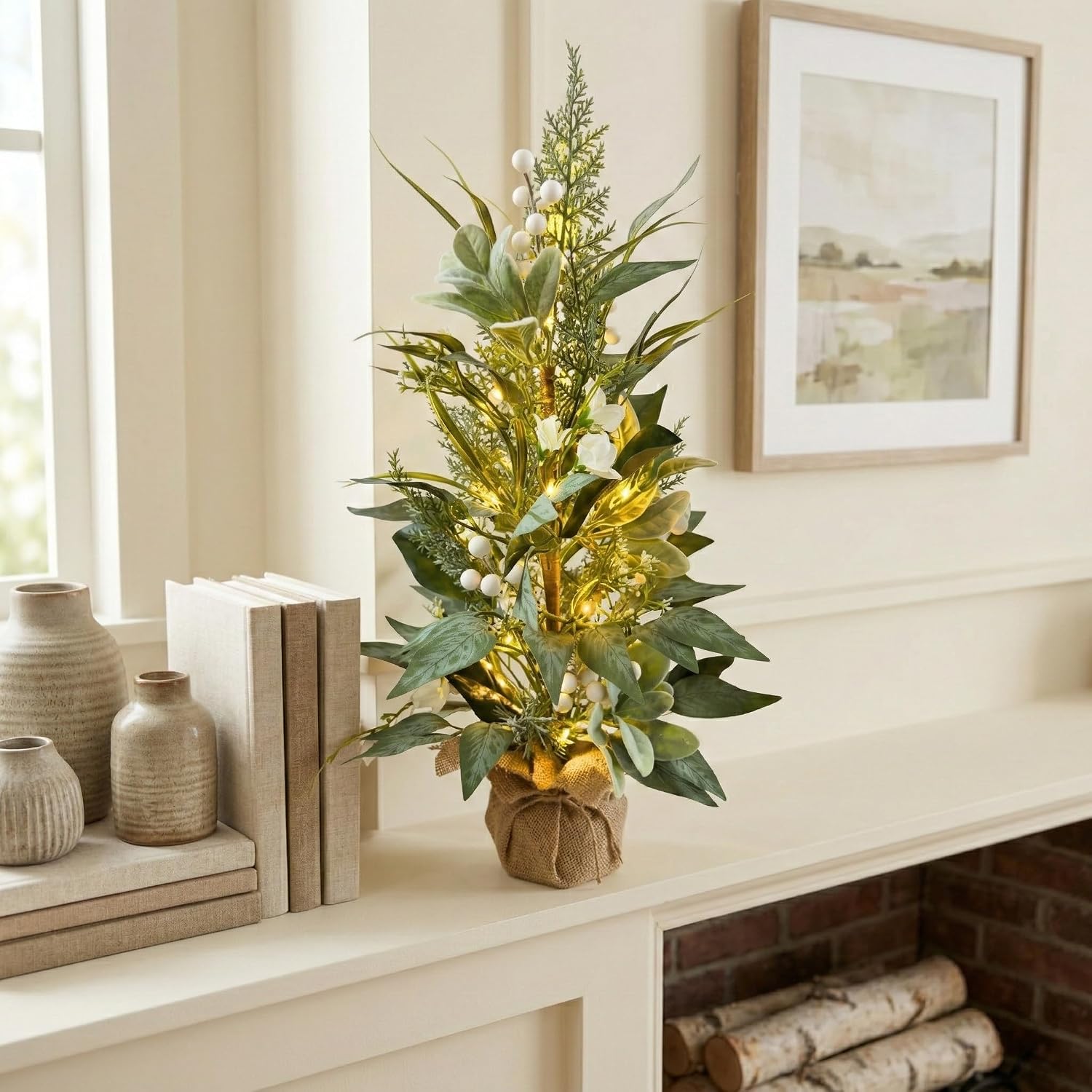 Pre-Lit Lambs Ear Tabletop Tree with White Flowers and Timer Decor, additional listing view 7