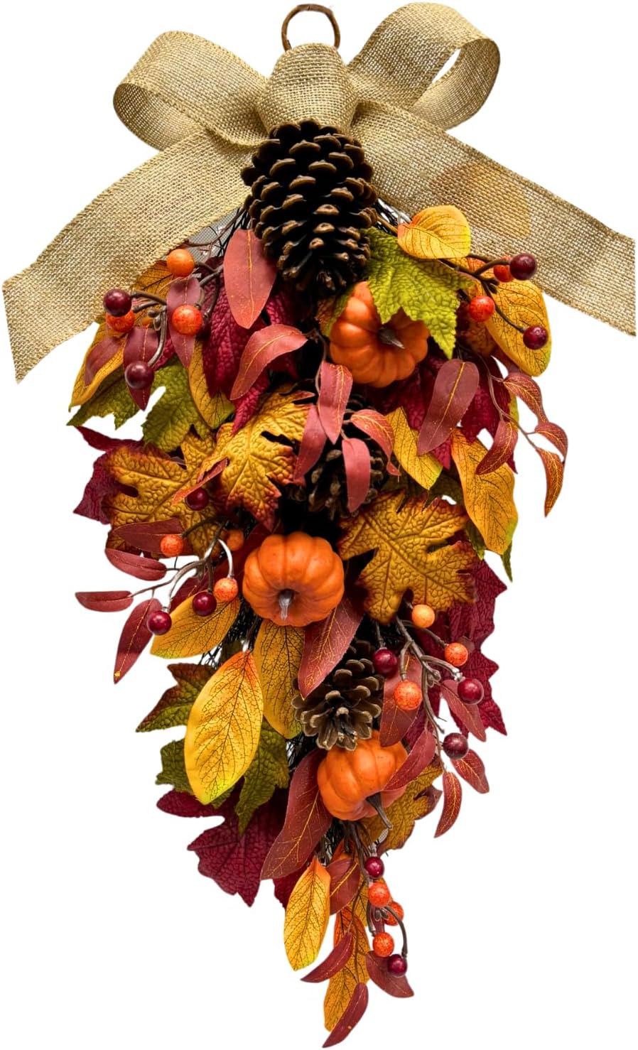 Fall teardrop door swag with mini pumpkins, pinecones, maple leaves, berries, and burlap bow