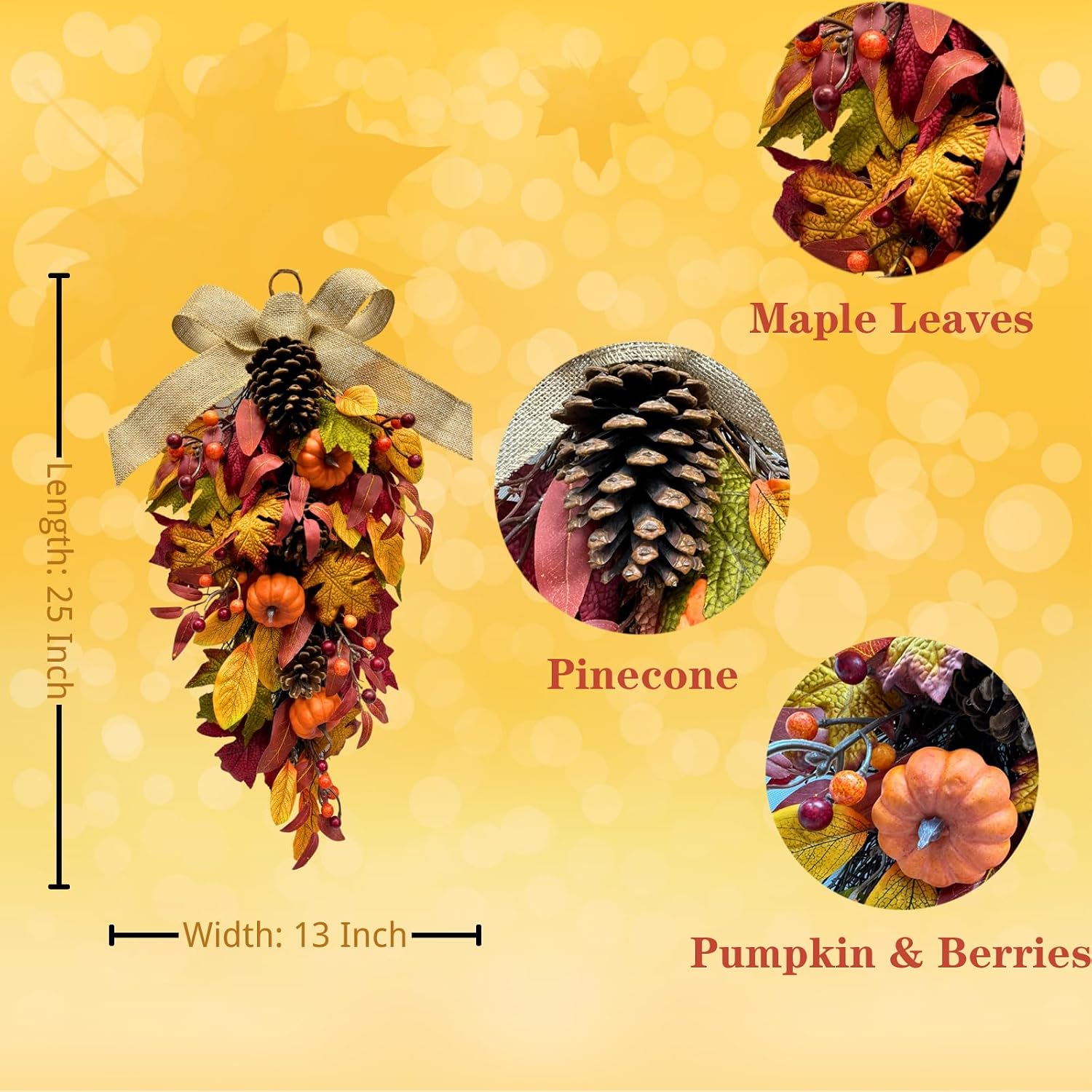 Product detail guide showing pumpkin, pinecone, maple leaf, and berry accents