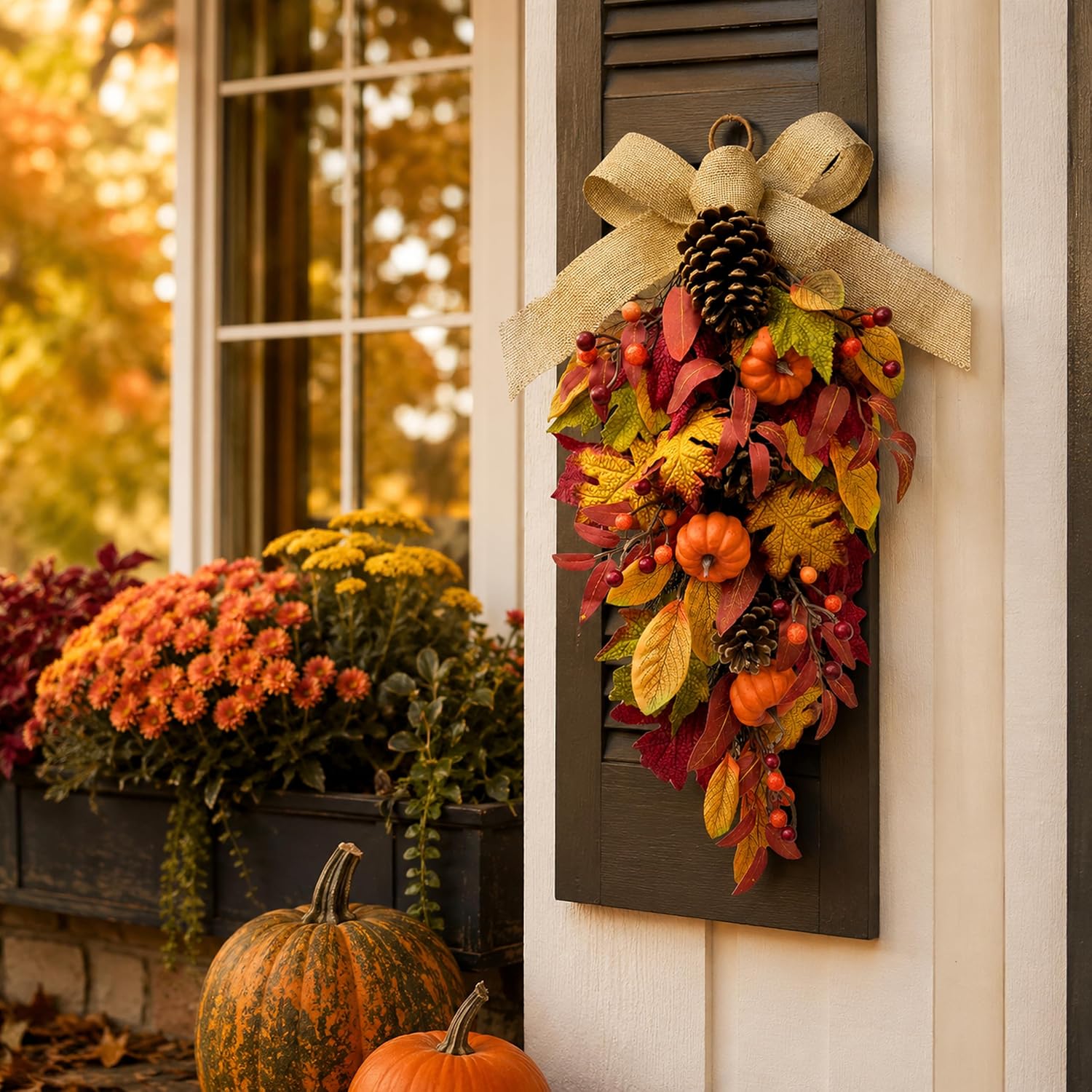 Pumpkin & Pinecone Fall Door Swag feature and construction detail from the Amazon listing