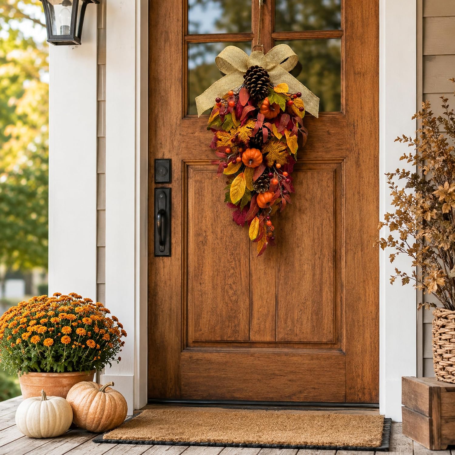 Pumpkin & Pinecone Fall Door Swag placement and seasonal styling view from the Amazon listing