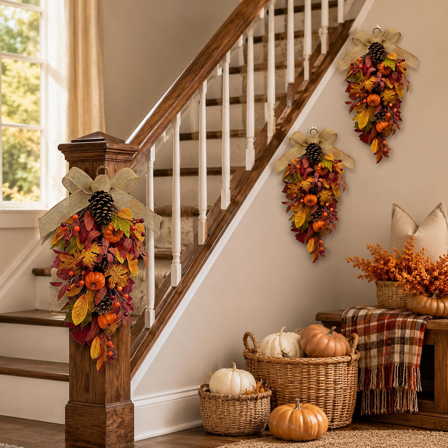 Pumpkin & Pinecone Fall Door Swag final product information view from the Amazon listing