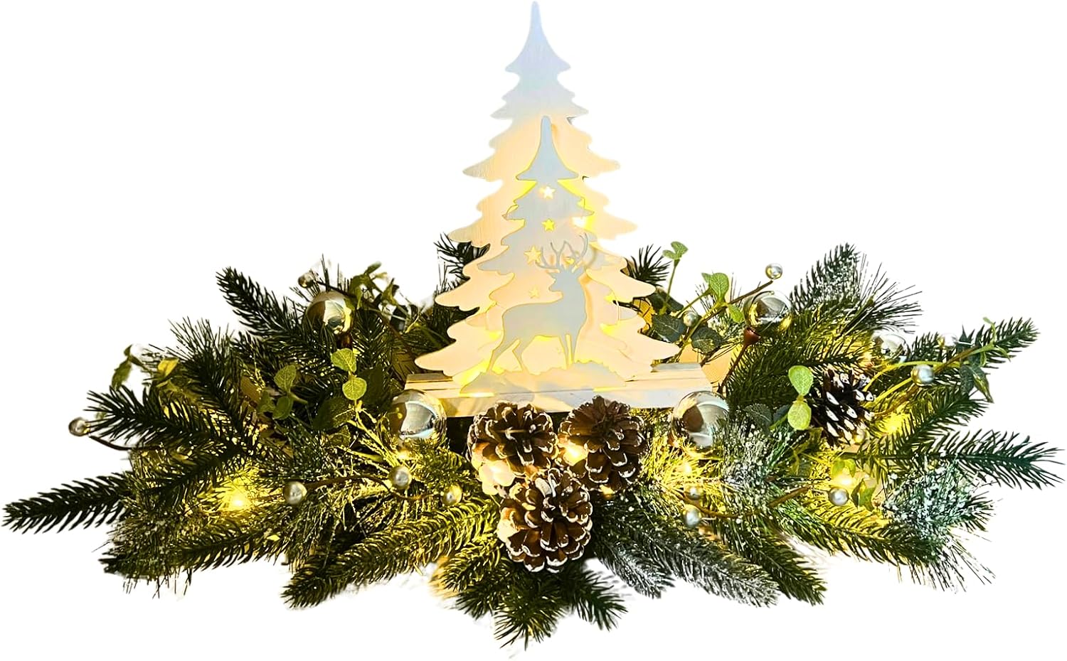 Silver White Pre-Lit Christmas Centerpiece with Woodland Scene, main product view