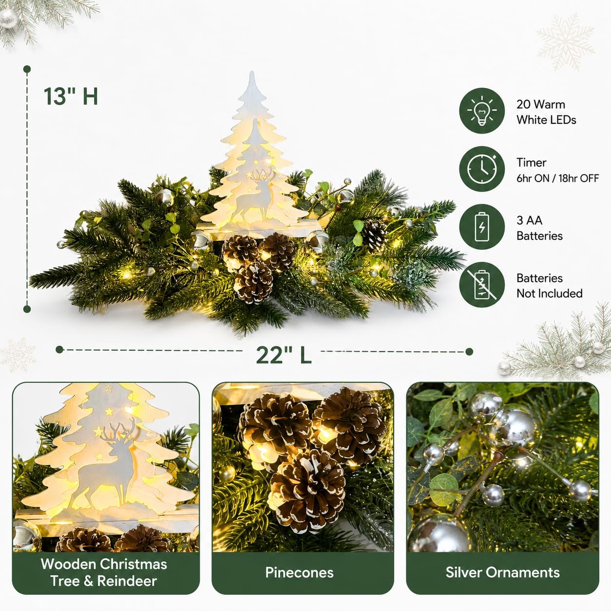 Silver White Pre-Lit Christmas Centerpiece with Woodland Scene, additional listing view 3