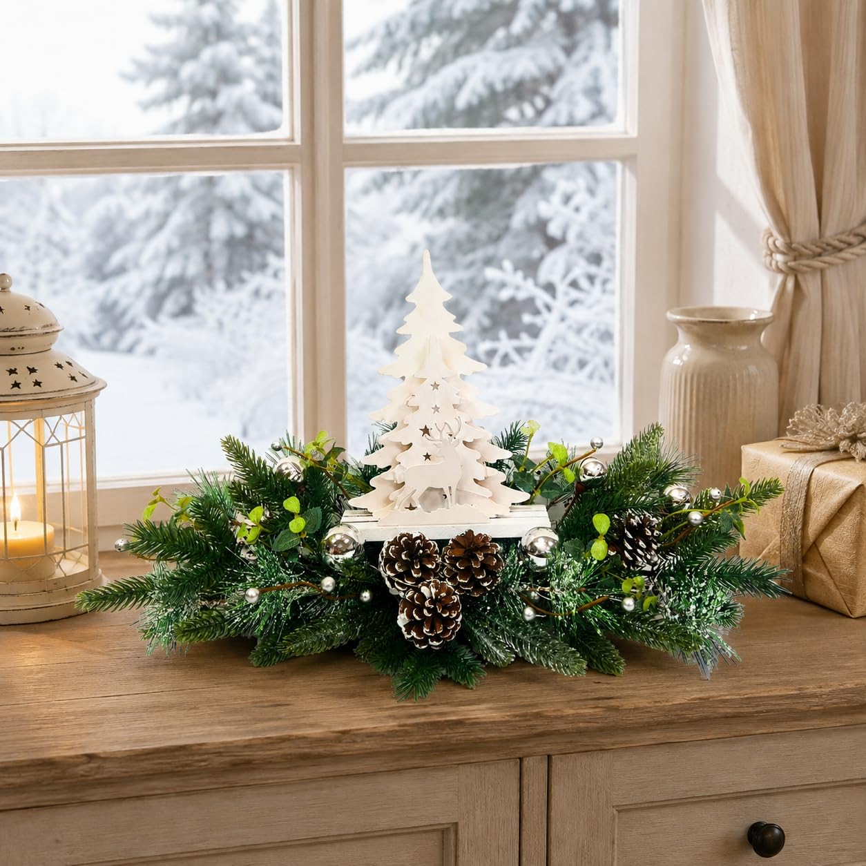 Silver White Pre-Lit Christmas Centerpiece with Woodland Scene, additional listing view 4