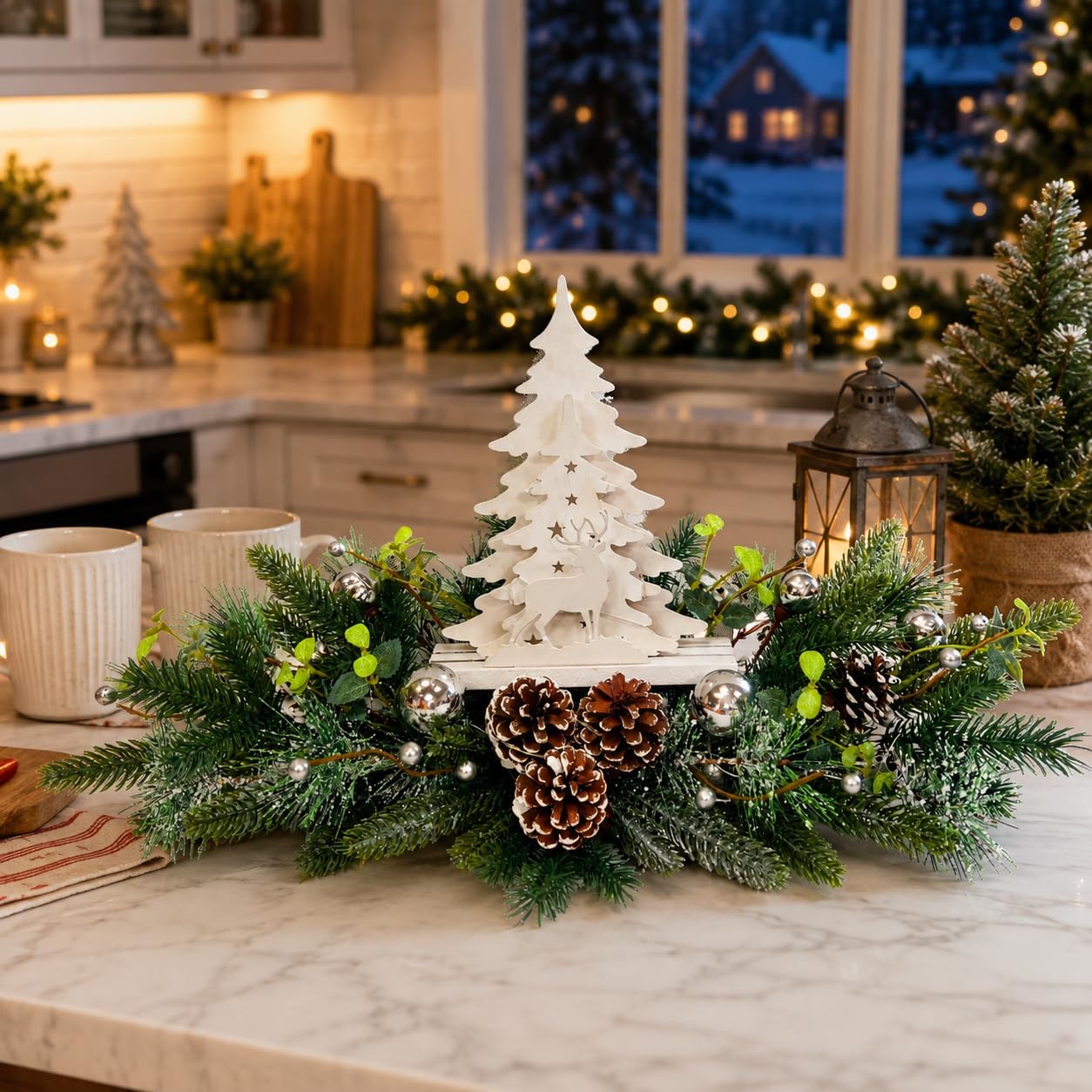 Silver White Pre-Lit Christmas Centerpiece with Woodland Scene, additional listing view 5