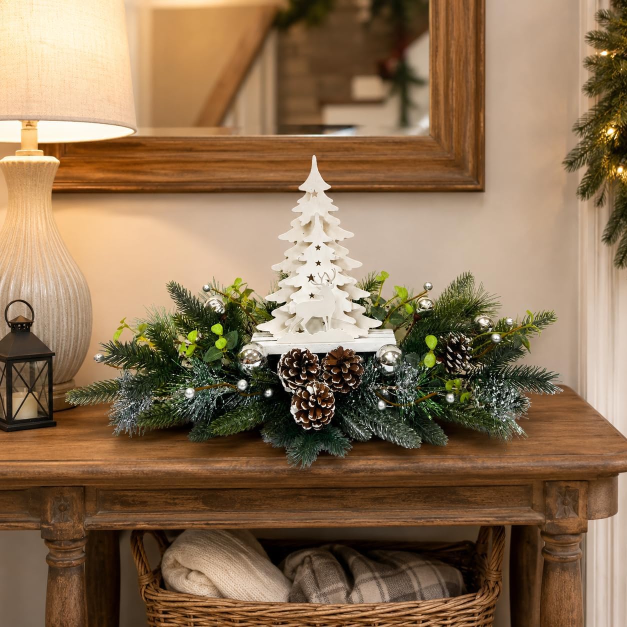 Silver White Pre-Lit Christmas Centerpiece with Woodland Scene, additional listing view 6
