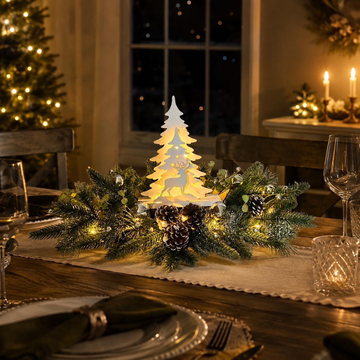 Silver White Pre-Lit Christmas Centerpiece with Woodland Scene, additional listing view 7