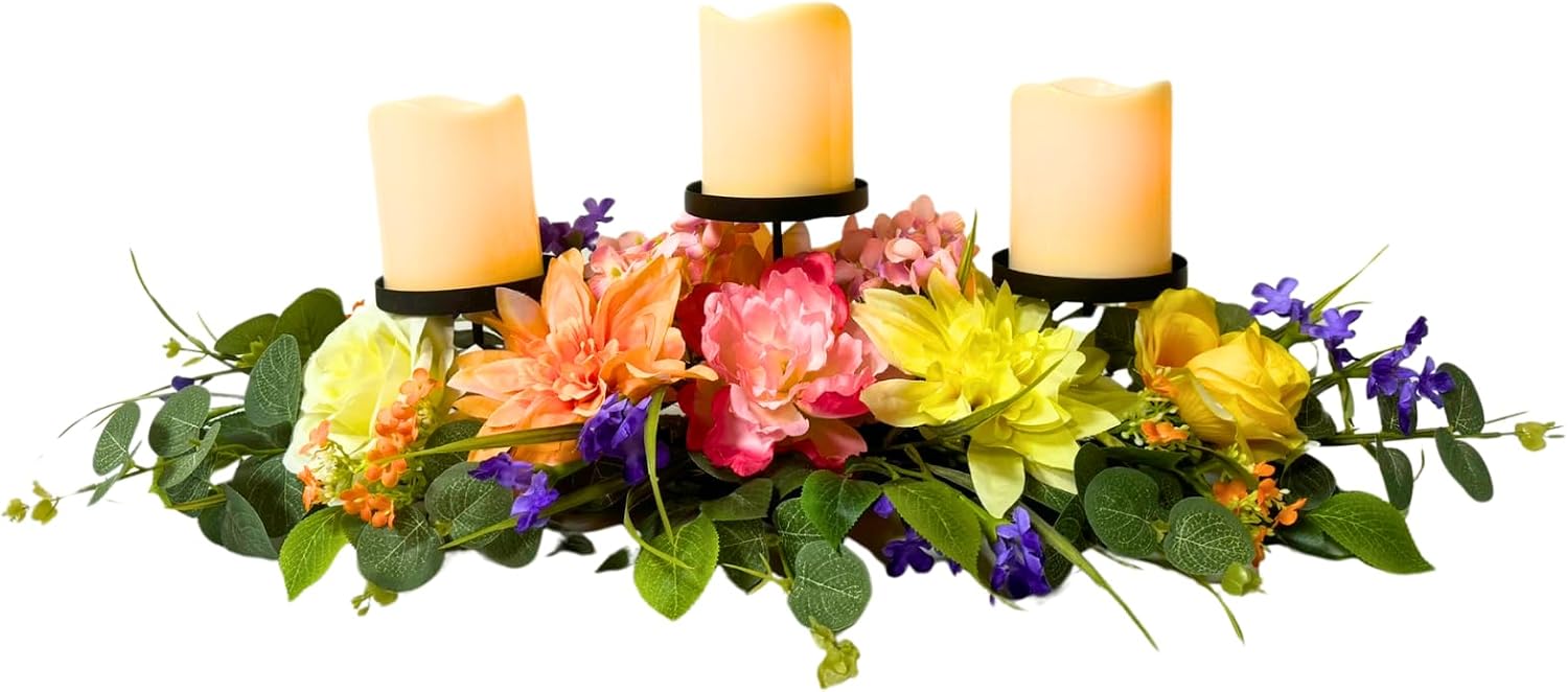 Spring Summer Candle Holder Centerpiece with Colorful Flowers, main product view