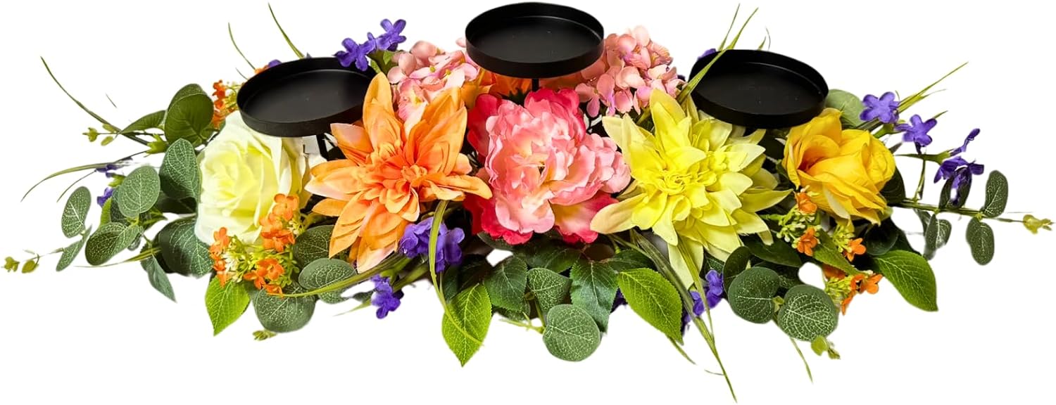 Spring Summer Candle Holder Centerpiece with Colorful Flowers, additional listing view 2