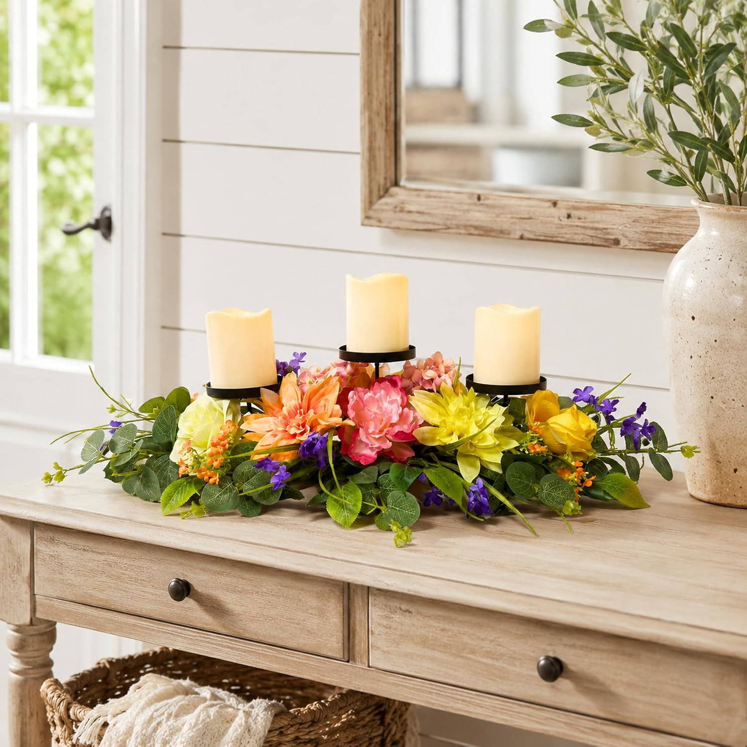 Spring Summer Candle Holder Centerpiece with Colorful Flowers, additional listing view 5