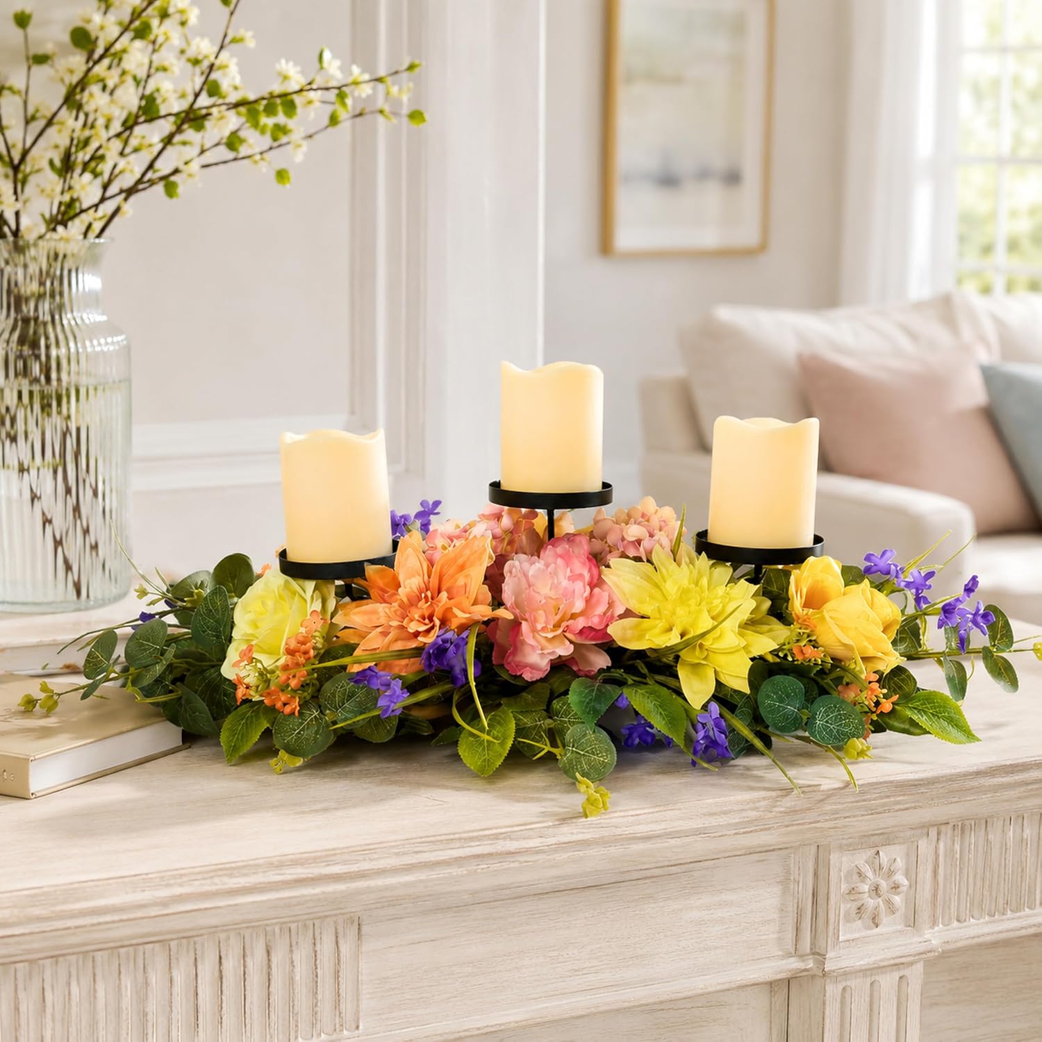 Spring Summer Candle Holder Centerpiece with Colorful Flowers, additional listing view 6